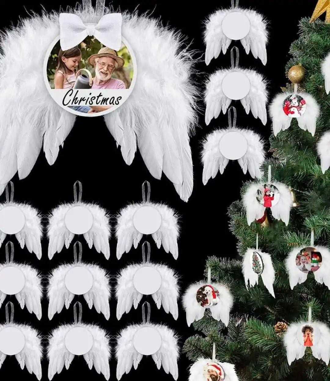 Sublimation Blanks Printable Round/Heart Christmas Ornaments With Feather Angel Wing for Xmas Tree Decoration