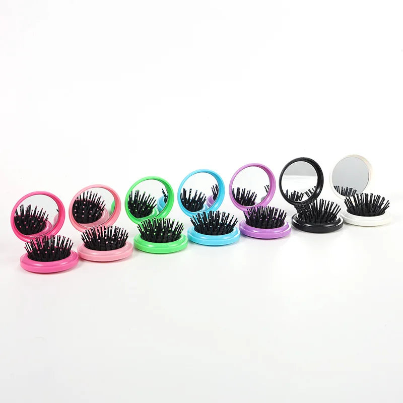 Portable Travel Folding Mirror Comb for Women's Makeup Children's Massage Comb With Airbag Cover Flip Cover Bag