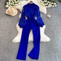 Lace Patchwork Lantern Sleeve Jumpsuit for Women in Spring and Autumn Wide Leg Pants