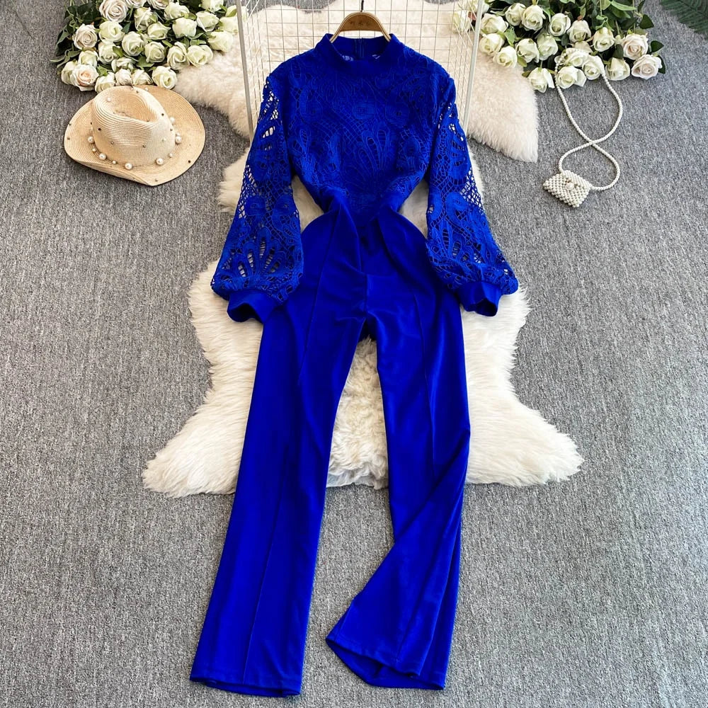 Lace Patchwork Lantern Sleeve Jumpsuit for Women in Spring and Autumn Wide Leg Pants