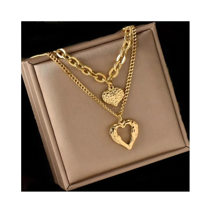 Trendy Women's Stainless Steel Necklace with Double Layers Hollow Out Heart Collar Bone Gold Plated Pendant Jewelry Accessory