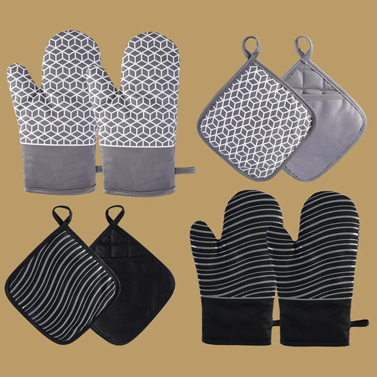 4PCS Dotted Style Silicone Oven Mitts Pot Holders Heat Resistant BBQ Cooking Baking Grilling Kitchen Gloves Soft Cotton Lining