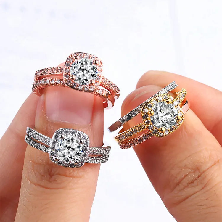 SC Hot Selling Fashion 3pcs Stacking Engagement Rings Set Women Luxury Shiny Three in One Round Oval Heart Zircon Wedding Rings