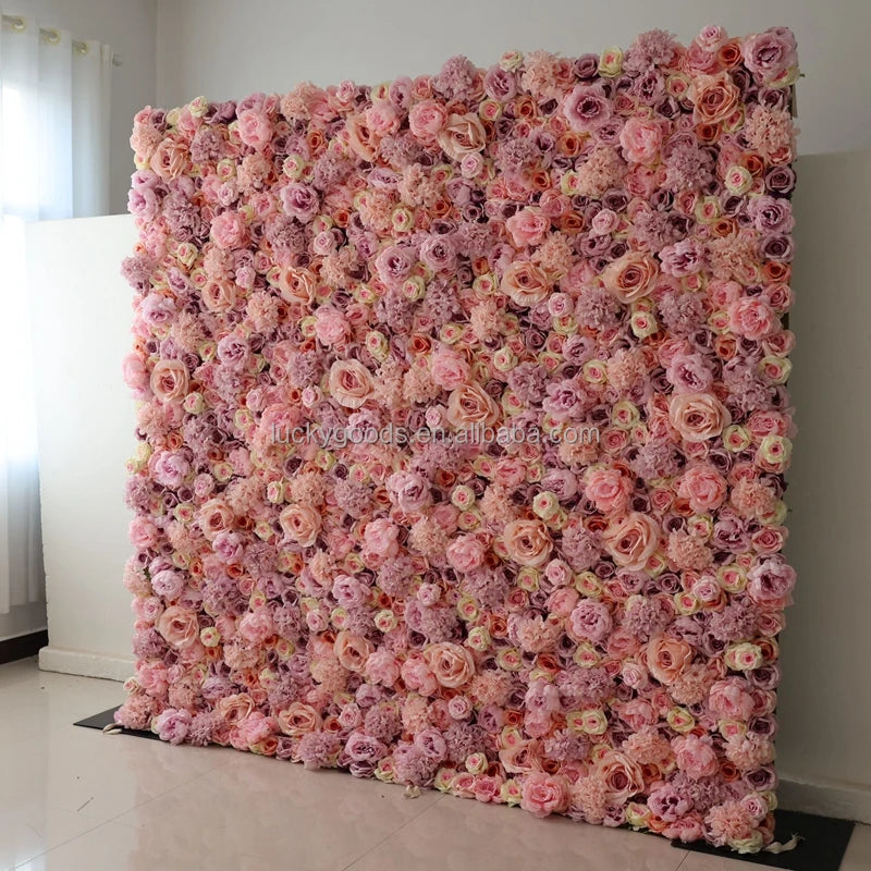 Customized pink Rose Artificial Flower Wall Decoration  WG240093-2 Event Ceremony 8x8ft Roll up pink 3d Wall Flower Backdrop