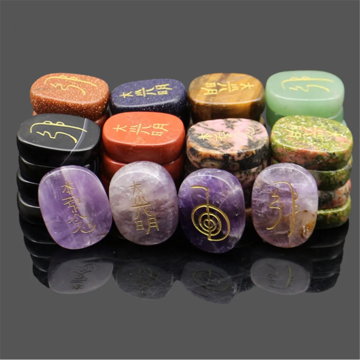 4 Pcs/Set Engraved Usui Reiki Symbol Palm Pocket Stones Healing Chakra Crystals Feng Shui Stone Ornament for Good Luck