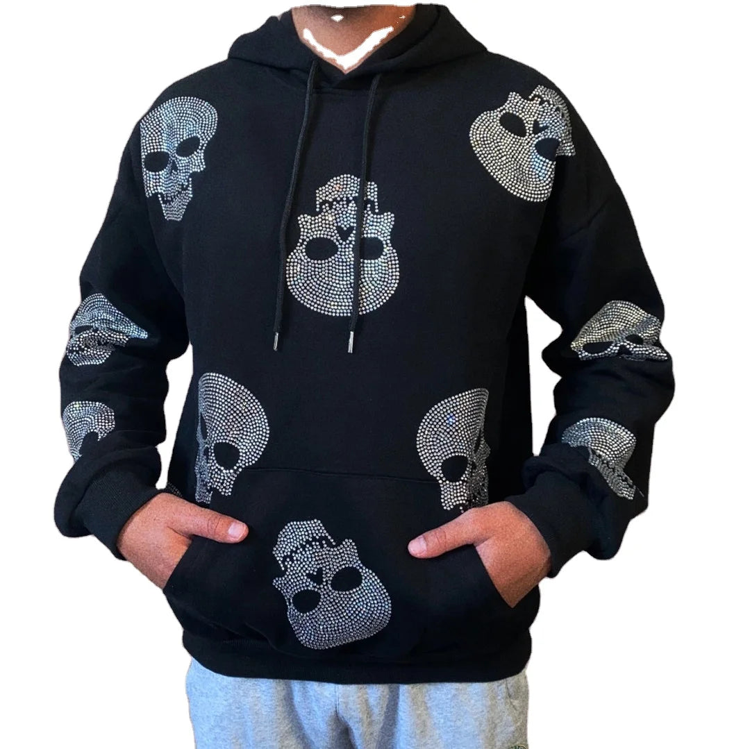 KY 100%Cotton Unisex Oversize Rhinestone Hoodie Custom Full of Crystal Skull Rhinestones