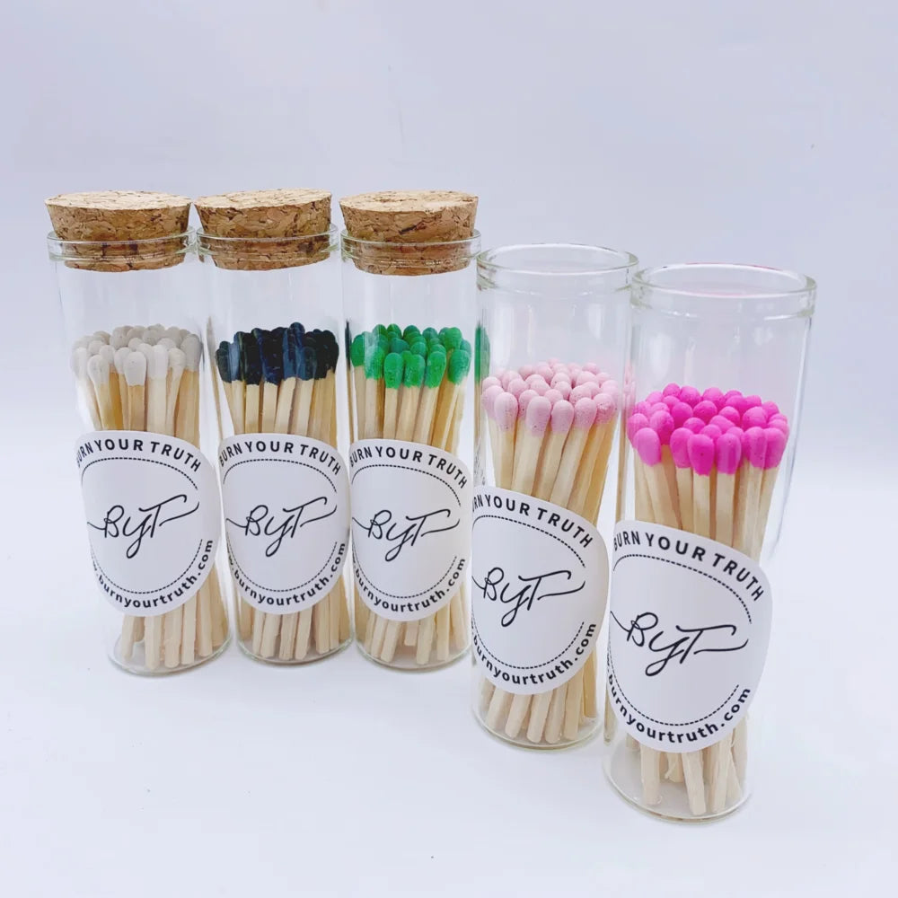 Christmas Present Safety Glass Long Candle Colored Matches Glass Jar with Striking Candle Matches in Glass Jar Match