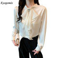 Bow Tie Tops Blouses New 2025 Women Long Sleeve Elegant Office Lady Work Solid White Shirts Ruffled Chic Tops Blusas 15955#