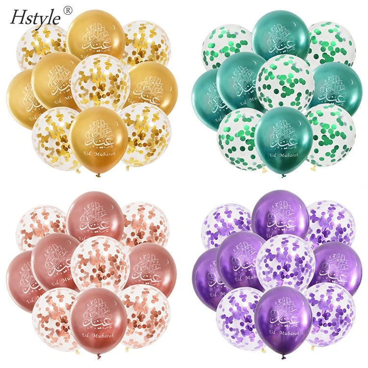 10pcs 12inch Eid Mubarak Chrome Balloons Confetti Latex Ballon Ramadan Kareem Eid Party Decoration Muslim Islamic Supplies ST956