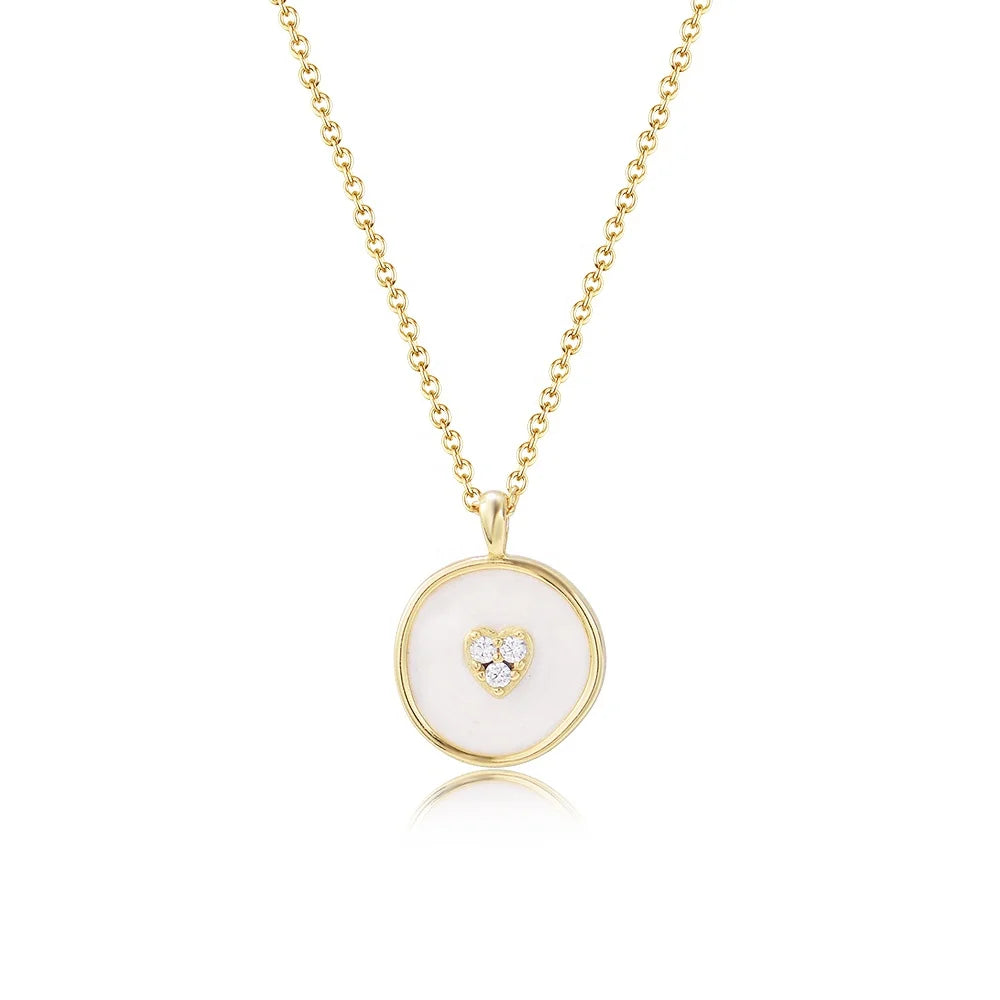 Factory Customized Trendy 14k Gold White Cz Round Enamel Name Plate Necklace Custom Jewelry Sterling Silver for Lady