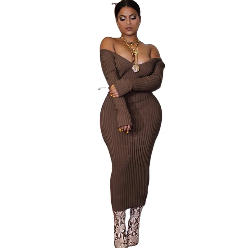 Clothing Wholesale 2026 Fall Women Long Sleeve off Shoulder Knitted Sweater Dresses Plus Size Maxi Dress