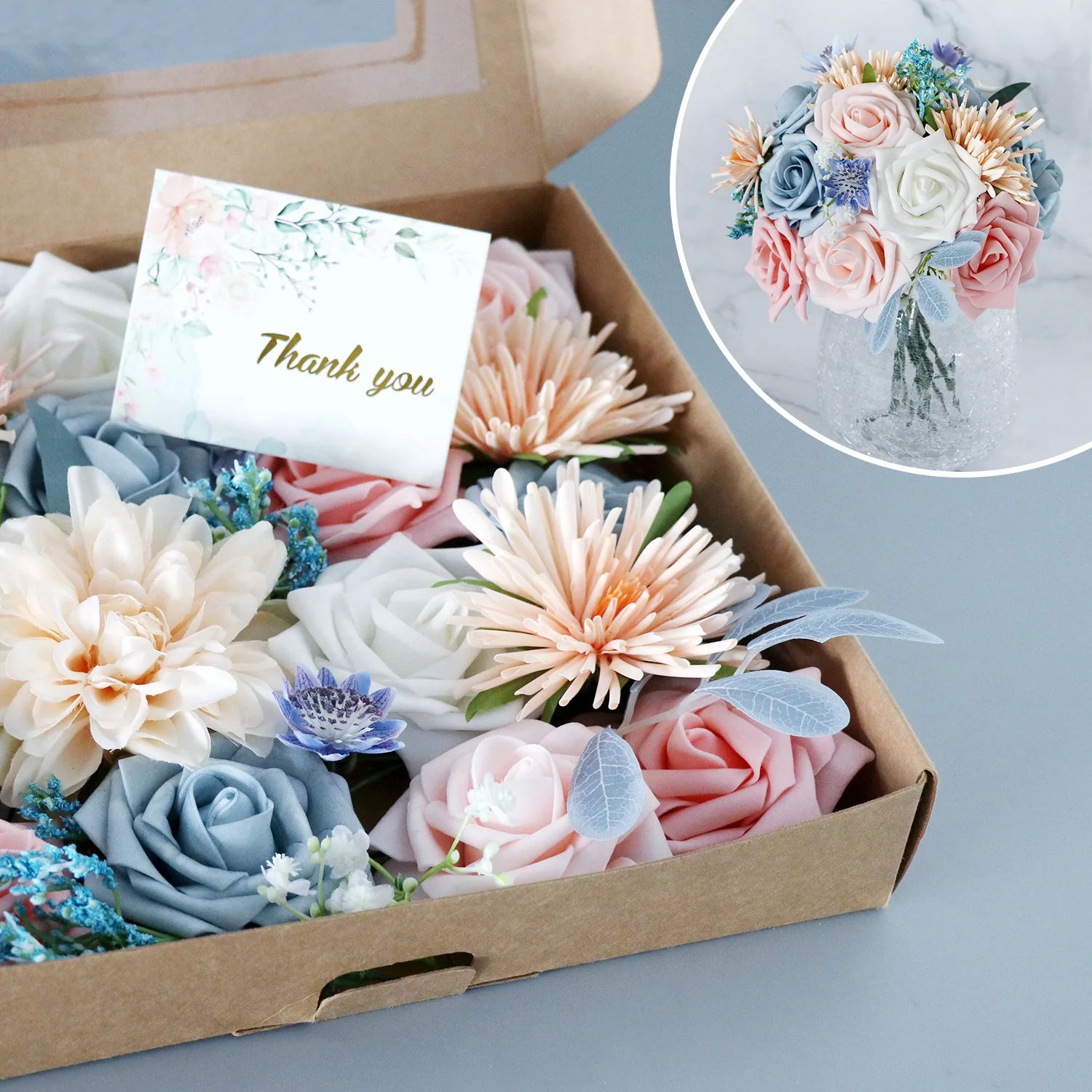 Valentine's Day Gift Mix Dusty Rose Flower Combo Box Set Artificial Silk Roses Flowers Combo for DIY Wedding Bouquet