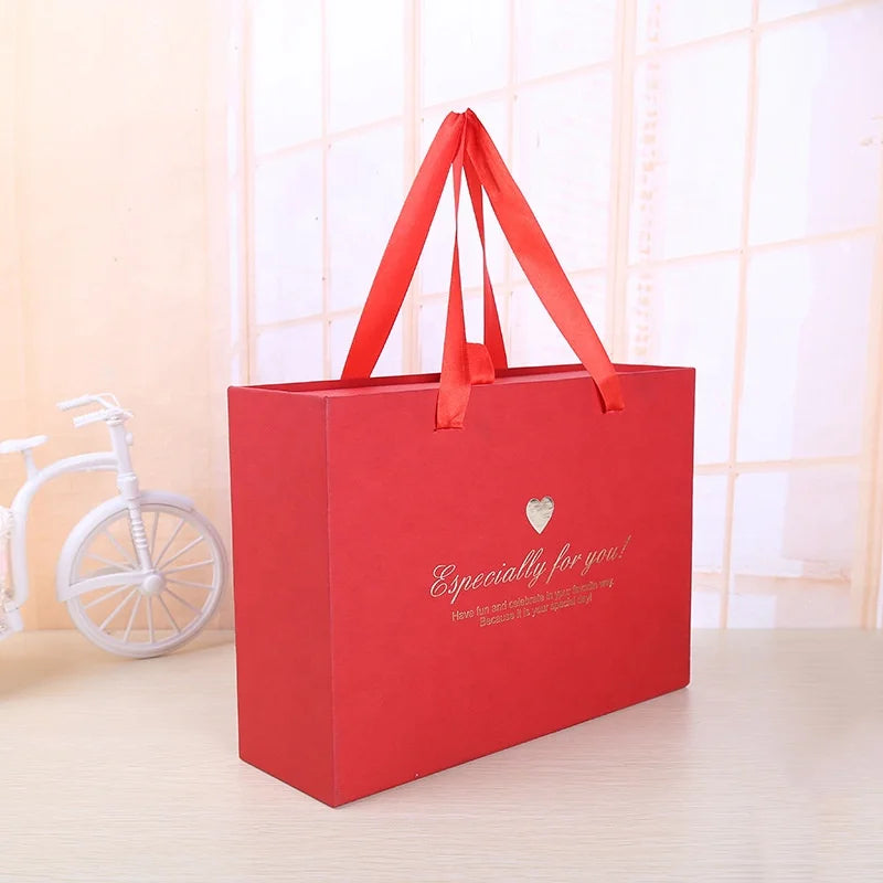 Red Cardboard Paper Travel Carrying Wedding Gift Box Ribbon Handle Slide Drawer for Nail Polish Oil Face Cream Matt Lamination