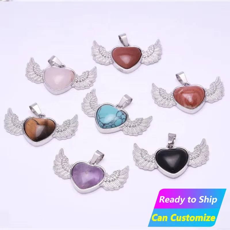 Natural Carved Gemstone Healing Stone Mix Crystal Necklace for Women With Custom Wholesale Bulk Angel Heart Wings Pendant