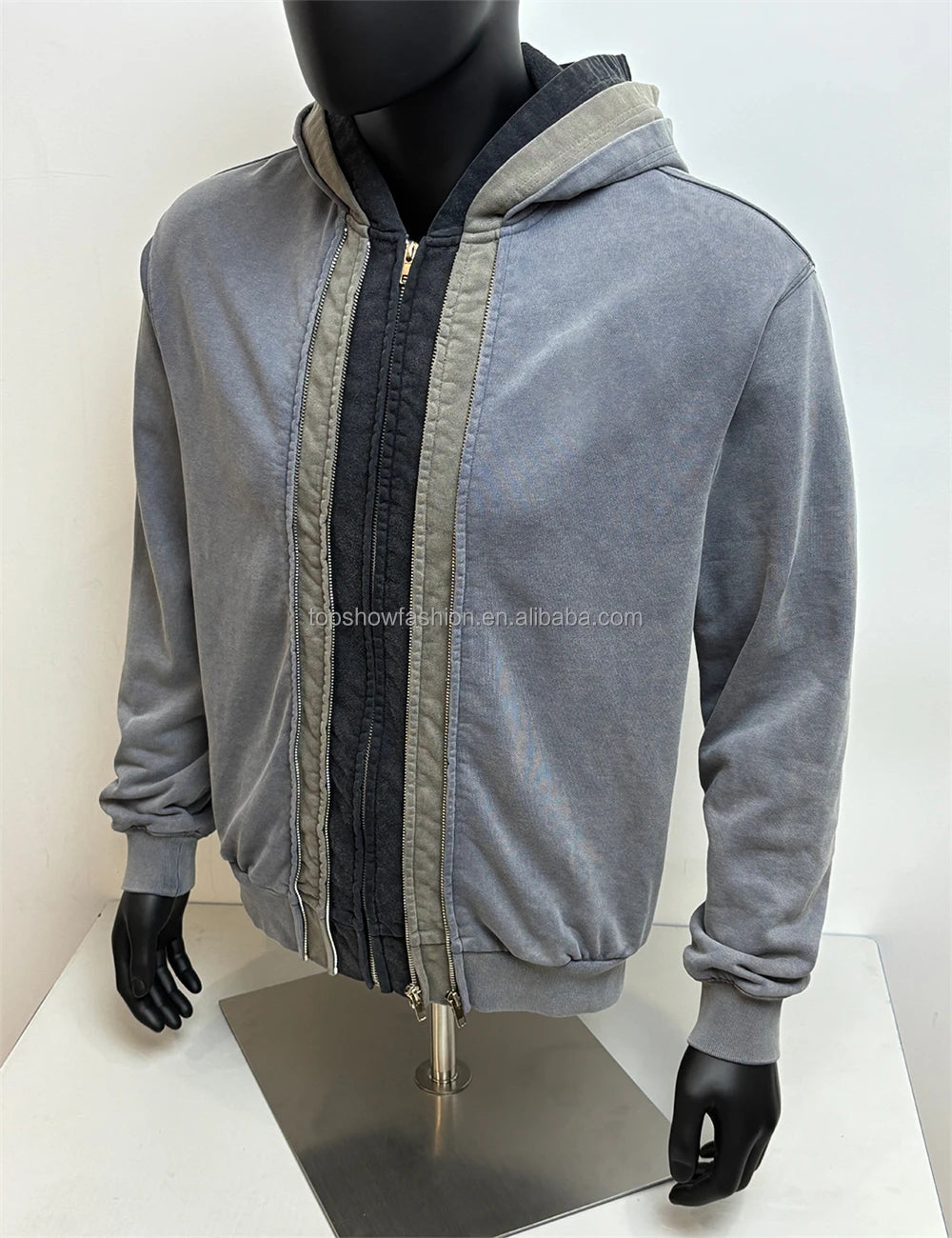 TOPSHOW Streetwear Hoodie Manufacturers Custom Plain Blanks Zipper Jacket Acid Wash Double Three Layer Zip up Hoodie for Men