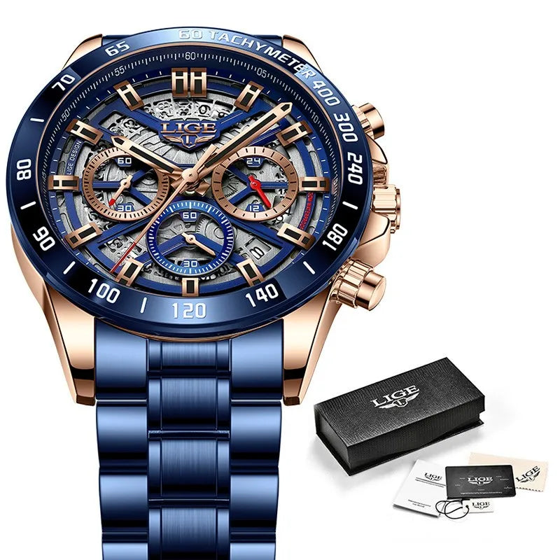 LIGE LG8944 Skeleton Fashion Men's Wrist Watch 44mm Waterproof Alloy Case Luminous Hollow Business Quartz Designer Brand