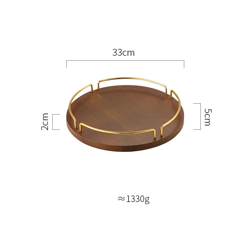 Light Luxury Round Wooden Serving Tray Household Storage Tray Beauty Salon Coffee Tea Cup Dish with Gold Handles