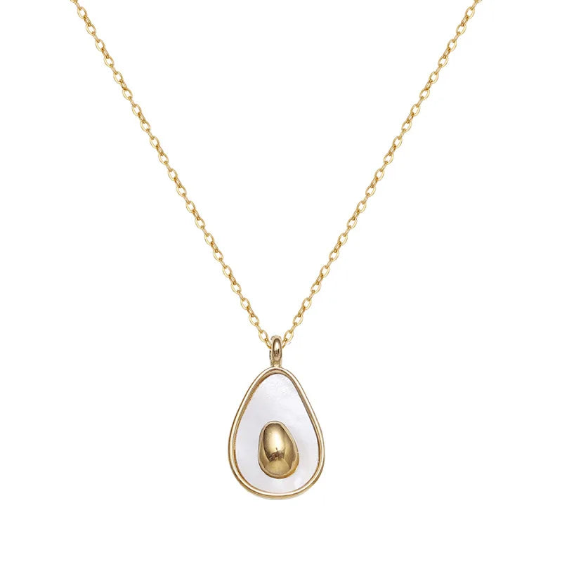 Qiuhan OEM Fashion Cute Fruit Avocado Charm Pendant Necklace White Shell 18K Gold Plated Waterproof Jewelry