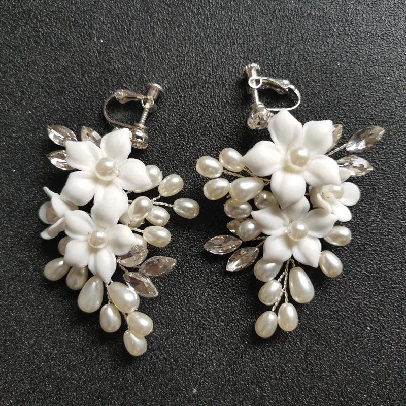 SLBRIDAL Handmade Rhinestones Crystals Pearl Ceram Flower Bridal Dangle Earring Wedding Chandelier Earring Fashion Women Jewelry