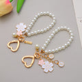 INS Style Two-Color Metal Keychain Beaded Anti-Lost Mobile Phone Chain Floral Pearl Pendant for Girls for Headphones Bag