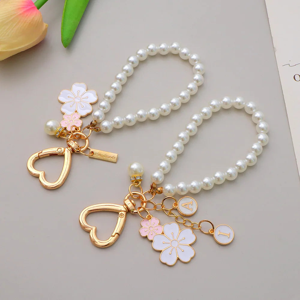 INS Style Two-Color Metal Keychain Beaded Anti-Lost Mobile Phone Chain Floral Pearl Pendant for Girls for Headphones Bag