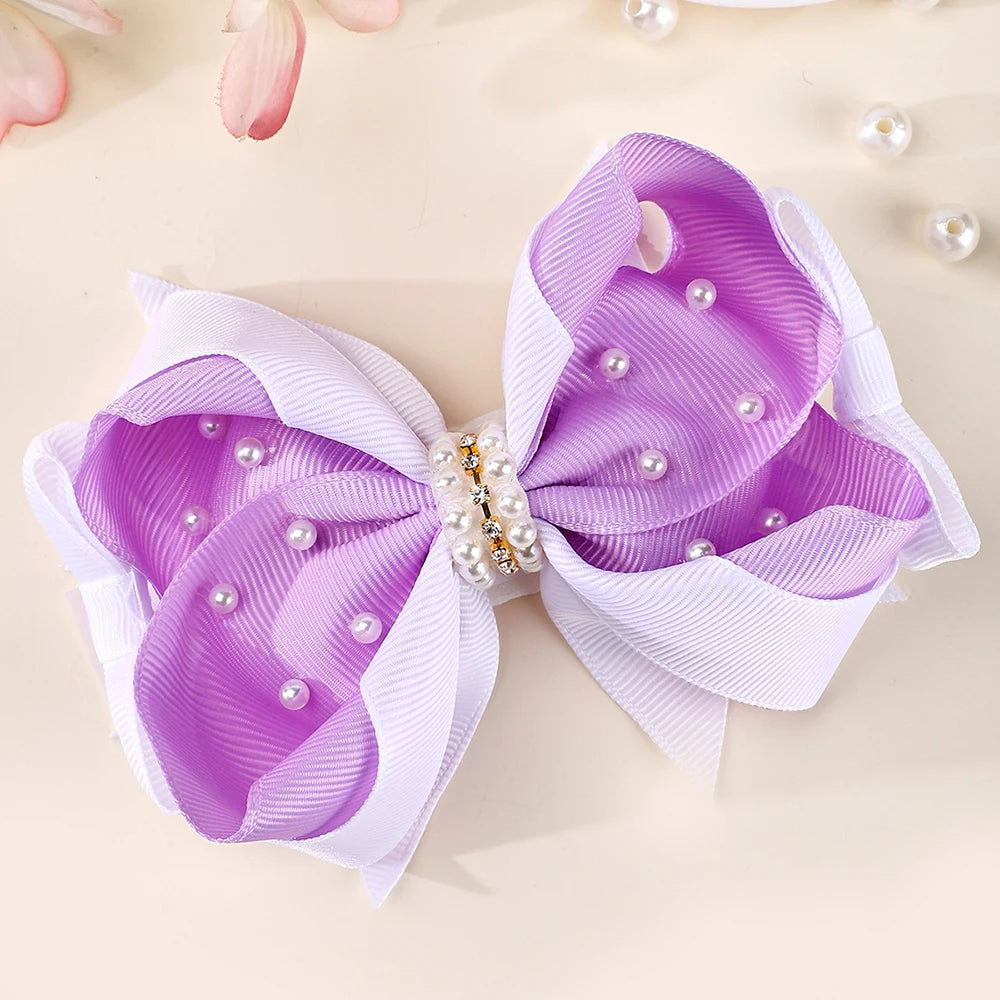 CN Big Sweet Grosgrain Ribbon Fashion Hair Bow Candy Color Bows Layer Rhinestone Pearl Hair Clip for Kids Girls 4 Colors Gift