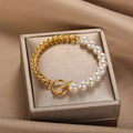 Dainty Ot Clasp Stainless Steel Cuban Chain Imitation Pearl Bracelet 18K Gold