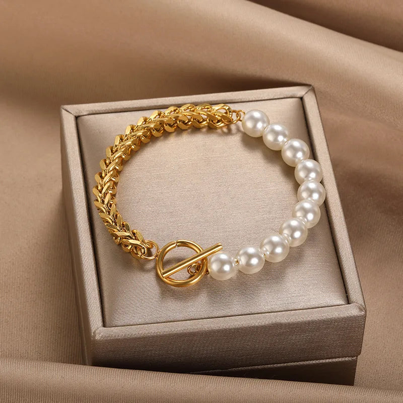 Dainty Ot Clasp Stainless Steel Cuban Chain Imitation Pearl Bracelet 18K Gold