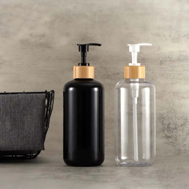 Luxury 500ml Bamboo Pump Plastic Bottle White for Essence Emulsion Press Head Empty Lotion Shampoo Skin Care Serum Bottle