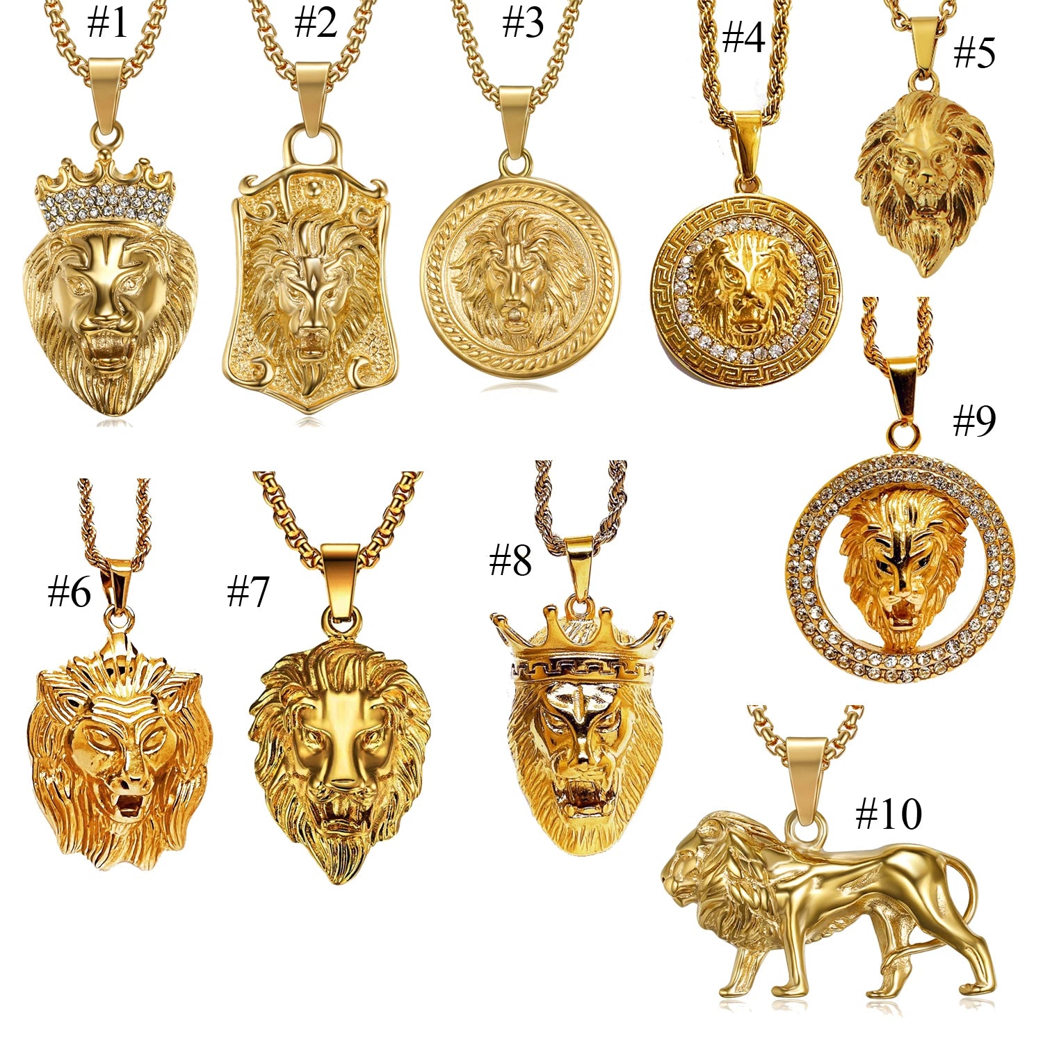 10 Styles Hiphops Animal Lion Jewelry PVD Gold Punk Rock Men Lion Head Necklace Stainless Steel Lion King Head Pendant Necklace
