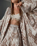 Enyami French Romantic Design Sleek Satin Women Chic Printed Pajamas 2 Piece Long Sleeve Blouse Robe Pants Sleepwear Co Ord Sets