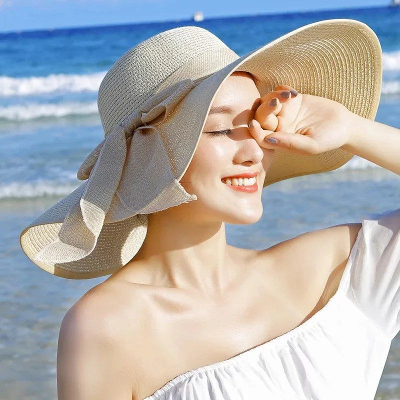 New Style Fashion Women Broad Brim Bowknot Beach Hat Summer Foldable Paper Straw Hat for Adults