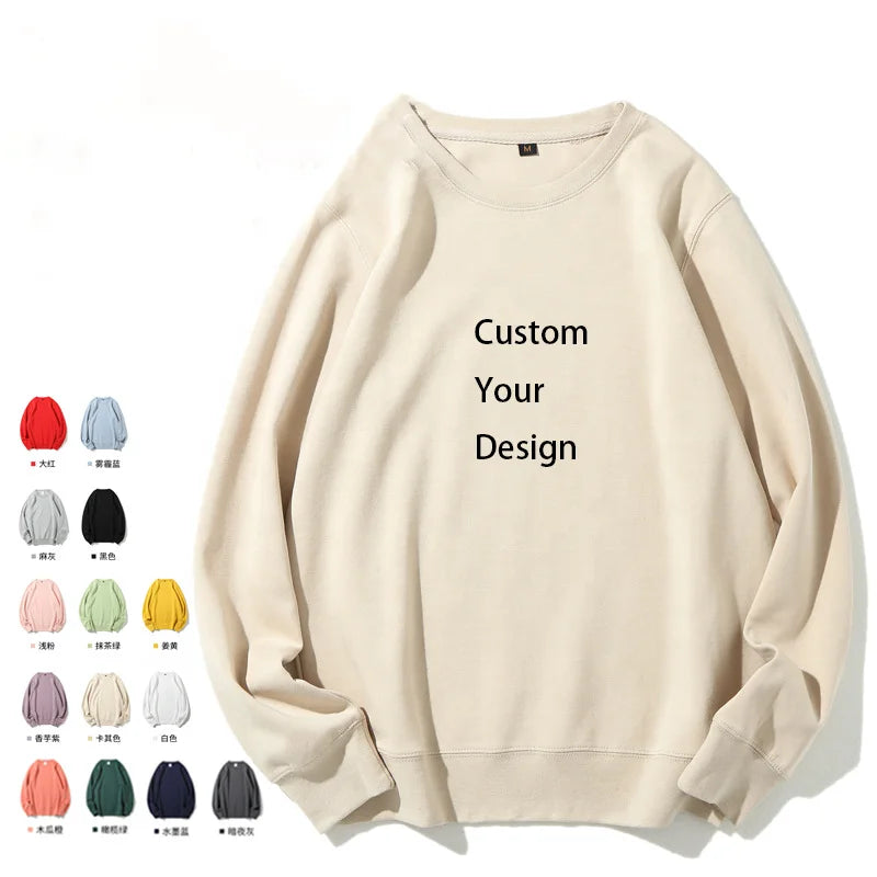 Embroidered Round Neck Sweatshirt Blank Pure Color Custom logo Unisex Pullover Hoodies 300gsm Sweatshirts for Men