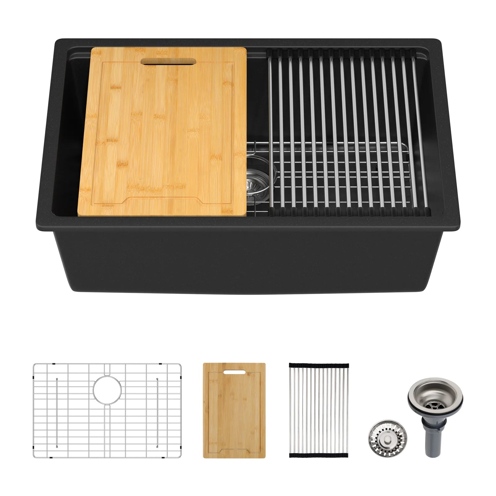 Sarlai Group 28"x19" Quartz Composite  with Ledge Workstation Cutting Board Undermount Black 28 Granite Kitchen Sink