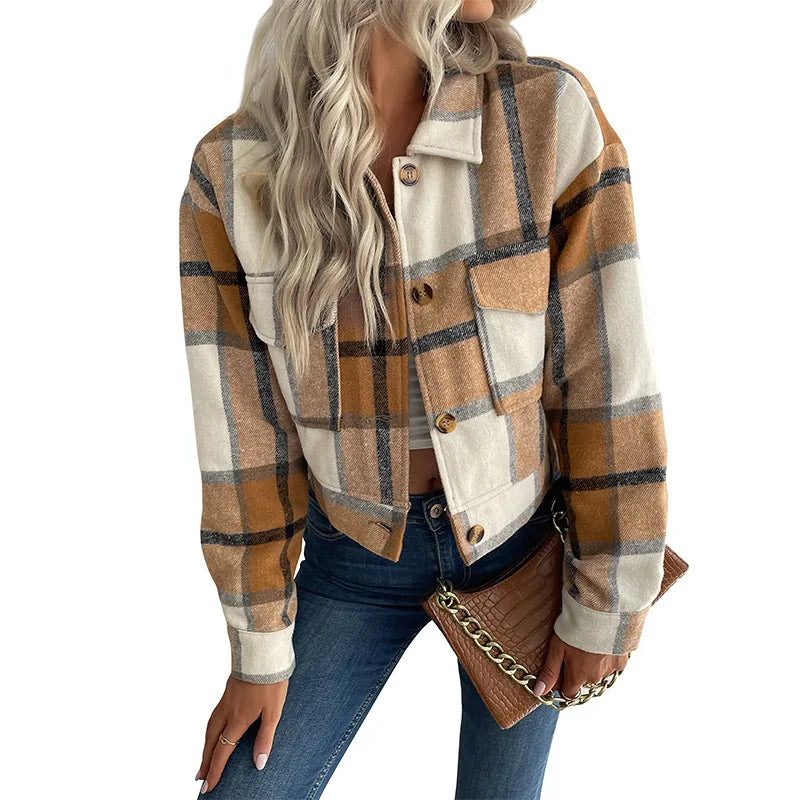 RNSHANGER Women's Fashion Plaid Small Coat Warm Short Top Autumn Winter Long Sleeve Shirt Coat Business Lady Pocket Jacket