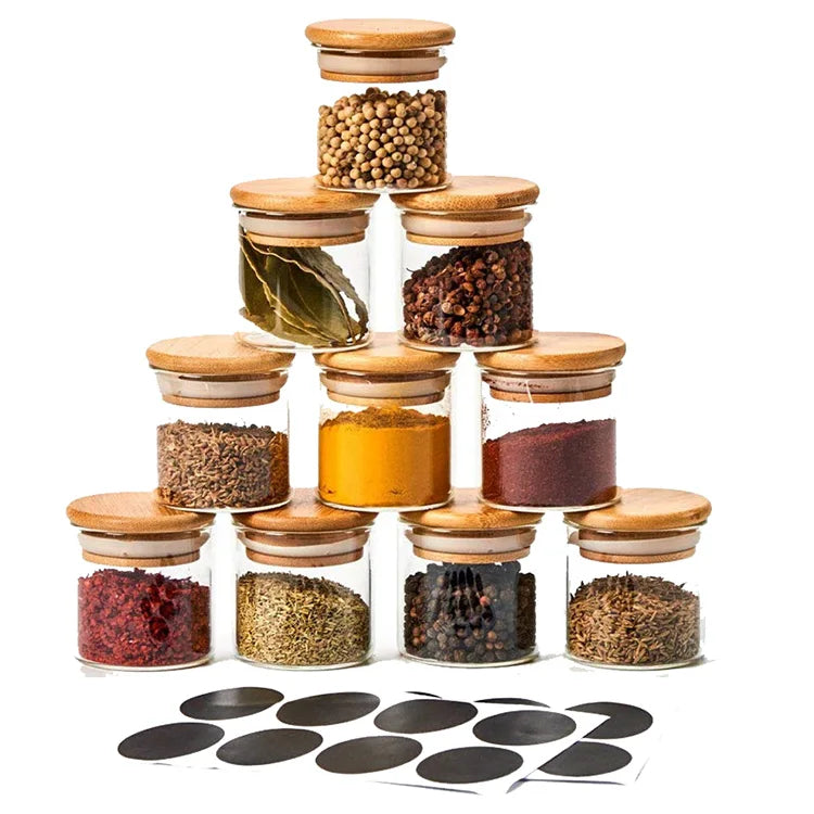 Small Glass Spice Jars With Bamboo Airtight Lids and Labels Food Cereal Storage Containers for Home Kitchen Tea Herbs Coffee