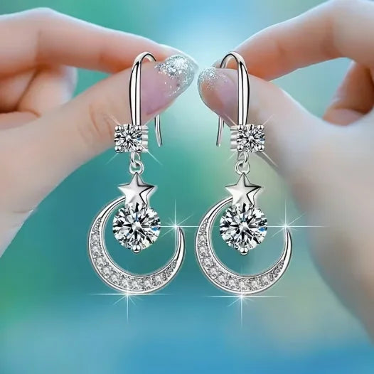 Shiny Moon & Star Theme Drop Earrings With Inlaid Round Cut Shiny Zircon Pendant  Earrings for Valentine's Day Gift ND2111263
