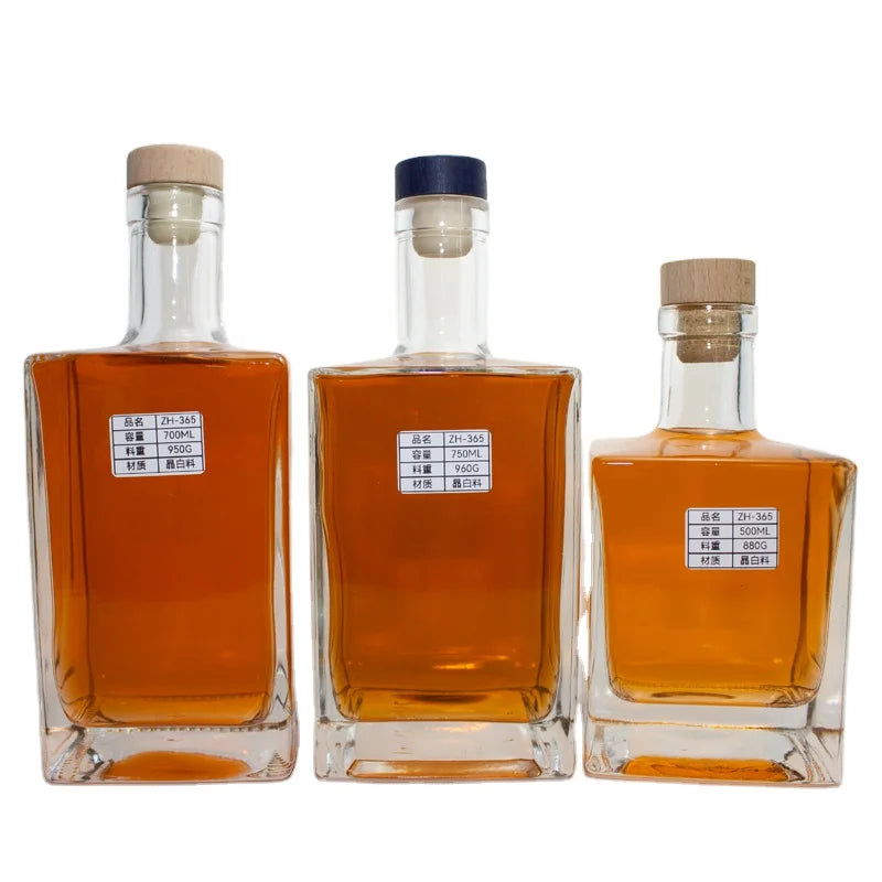 Wholesale Square Shape 500ML 750ML 1000ML Empty Fruit Whiskey Liquor Glass Bottles