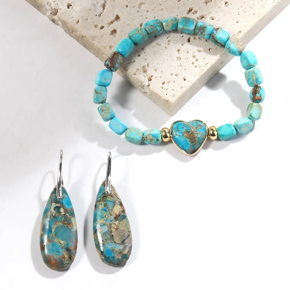Valentine Gift to My Godmother Love Heart Multi Color Square Emperor Stone Bead Elastic Bracelet Teardrop Dangling Earring Set