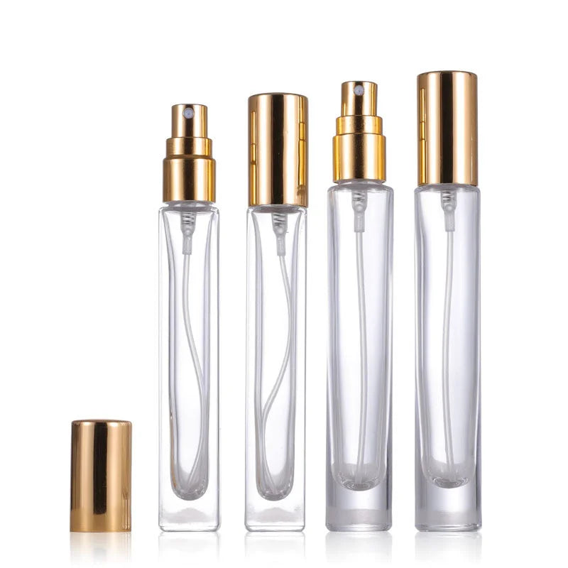 Hot Sale Cylinder Round Shape Flat Minimal Travel Size Cosmetic Empty Glass Perfume Spray Bottle 10ml Gold Lid
