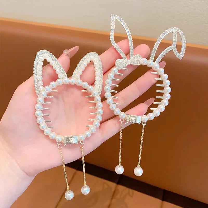 Retro Pearl Tassel Hairpin with Rabbit Cat Shark Clip Ornaments Metal Back Head Ponytail Claw Catch Hair Catcher