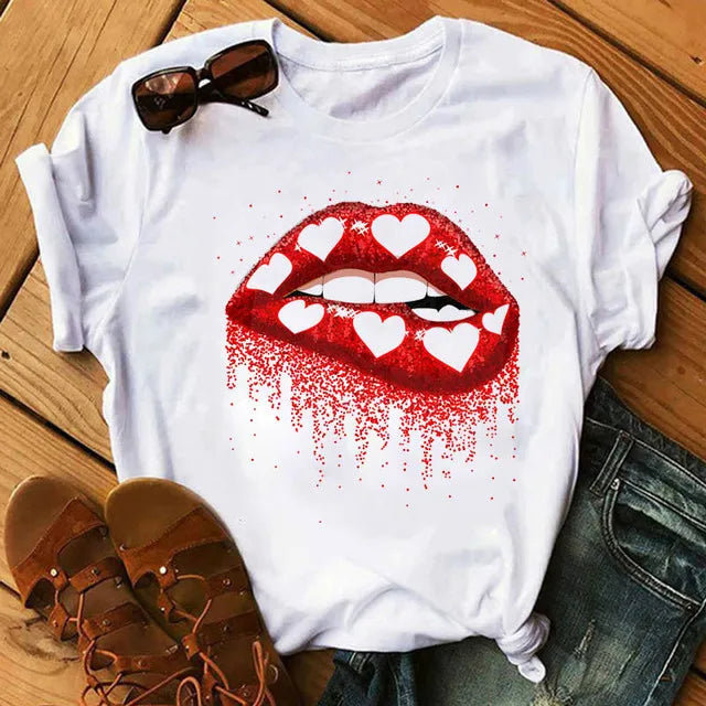 Women Summer Short Sleeve Tshirts Fashion Red Lips Finger Print Ladies T-shirts Top Cartoon Womens Graphic Tees T-Shirts