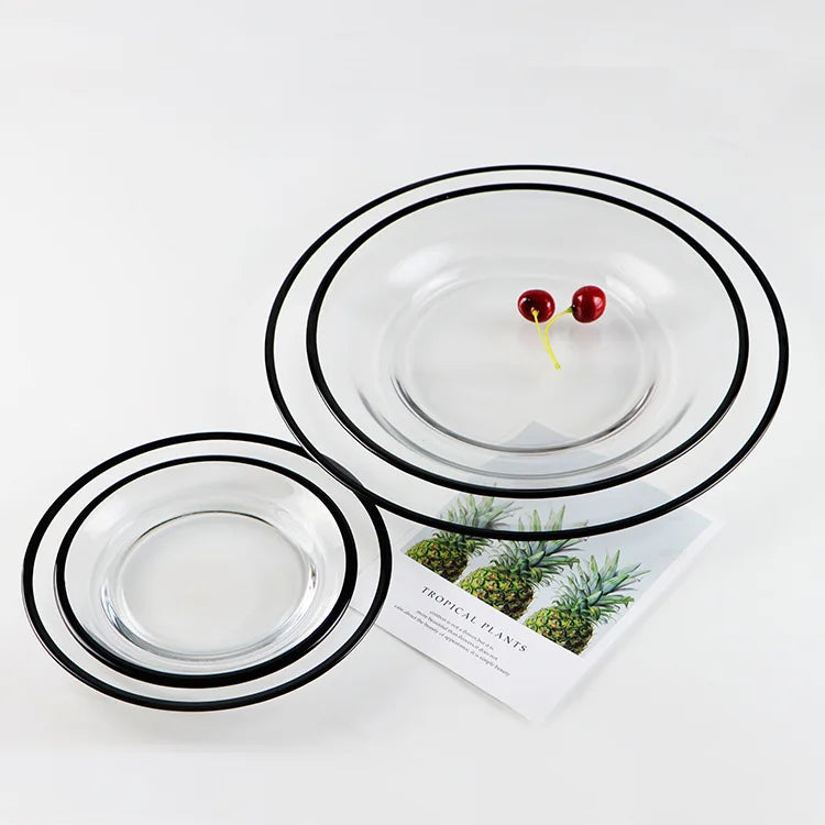 Nordic Style Ins Black Edge Eco-Friendly Fruit Glass Plate Creative Luxury Transparent Salad Western Steak Dishes for Event Use