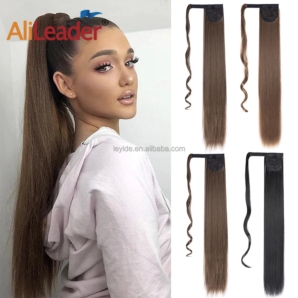 AliLeader Wrap Around Long Silky Straight Hair High Temperature Fiber Pony Tail 34 Inch Clip in Ponytail Extension