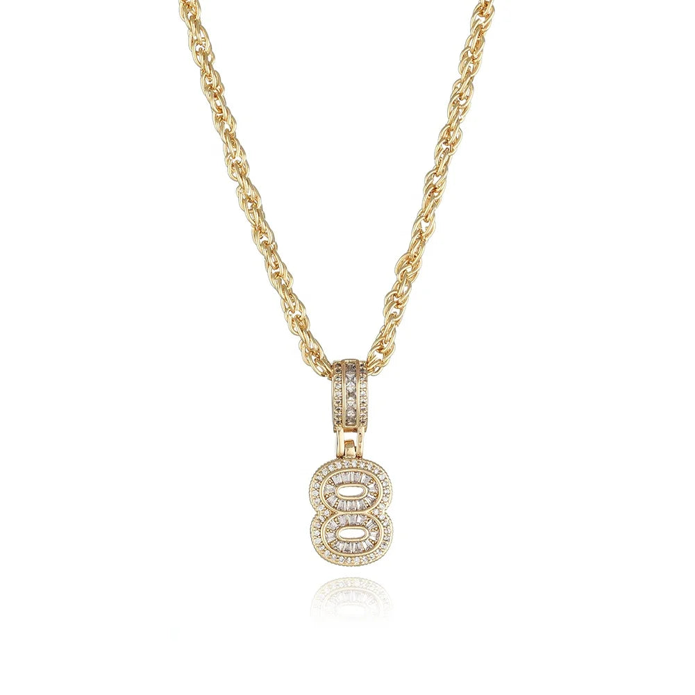 18K Gold Plated Copper Zircon Pendant Necklace With Arabic Numerals 0-9 Link Chain Men Women's Anniversaries Hiphop Style