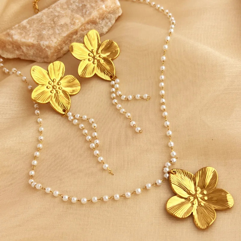 Oversize 18K Gold Flower Pendant Necklace Fashion Pearl Chain Long Tassel Earrings Stainless Steel Big Flower Necklace Set