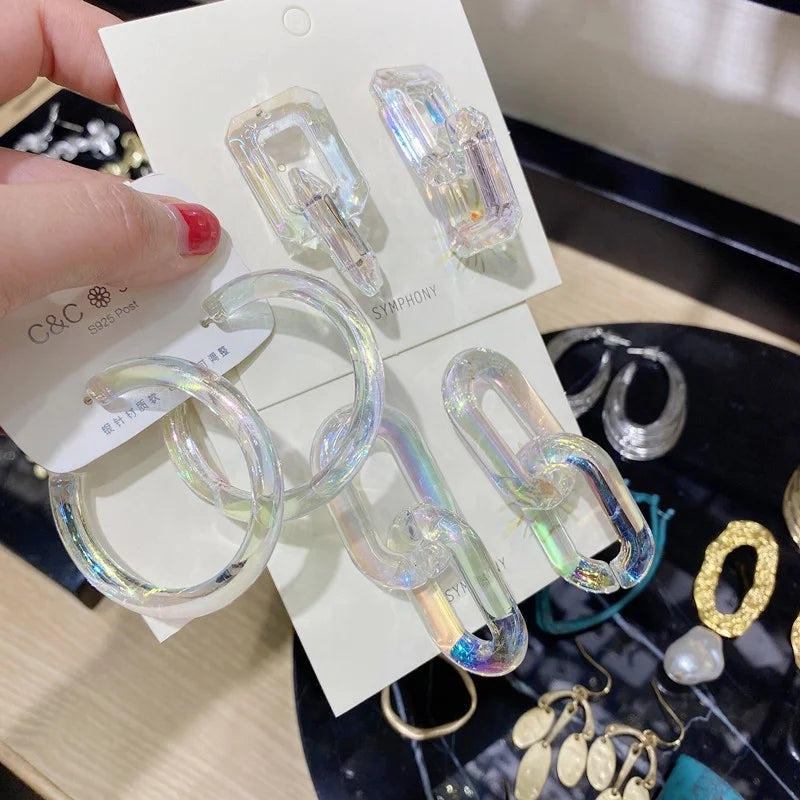 2025 Fashion Summer 925 Jewelry Geometric Clear Square C Shape Link Acrylic Resin Transparent Colorful Drop Chain Hoop Earrings