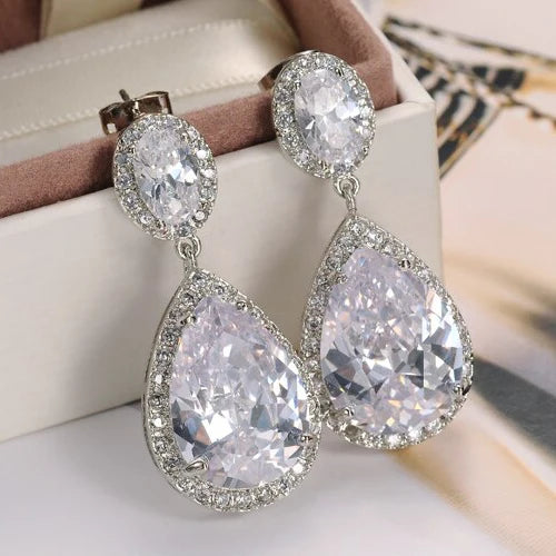 CAOSHI Shiny Water Drop Zircon Crystal Clear Dangle Drop Earrings Bridal Girls Women Delicate Silver Pear Earrings