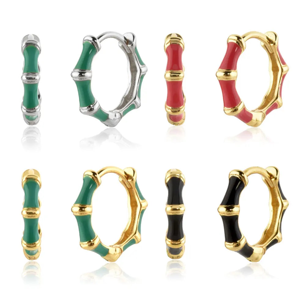 FUAMAY 925 Silver Green Black Red Enamel Bamboo Earrings 18K Golpd Plated BamBoo Earrings