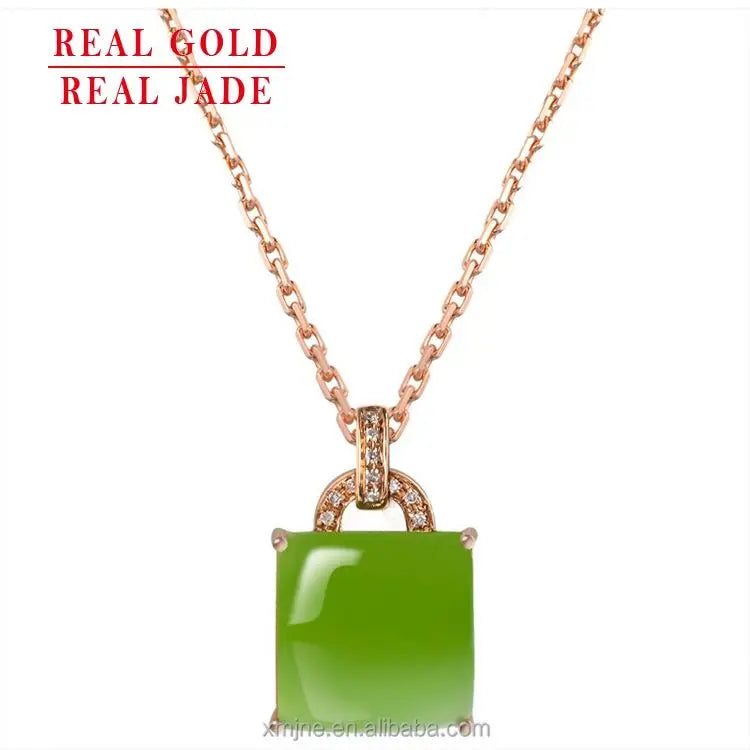Certified Grade a Fruit Green Hotan Jade Green Jade Lock 18K Rose Gold Natural Jade Pendant Necklace for Men and Women